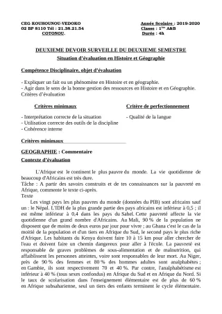 Première page de Histoire-Géographie 1ère A1, 1ère A2, 1ère B — 2e devoir surveillé, 2e semestre (2019-2020) · CEG Kouhounou-Vêdoko