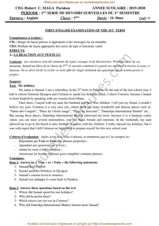 Première page de Anglais 5ème – 1er semestre 2019-2020 – Sujet et corrigé du devoir (compréhension, vocabulaire et production écrite) – CEG Hubert C Maga