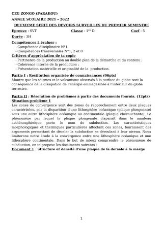 Première page de SVT 1ère D — 2e devoir surveillé, 1er semestre (2021-2022) · CEG ZONGO