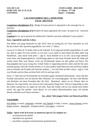 Première page de Devoir surveillé de ALLEMAND — 2nde A, 2nde B — CEG du Lac (2018)