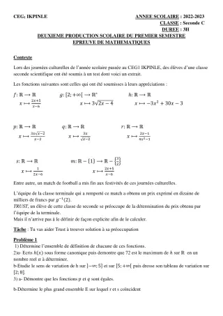 Première page de Mathématiques 2nde C — 2e production scolaire, 1er semestre (2022-2023) · CEG1 Ikpinlè