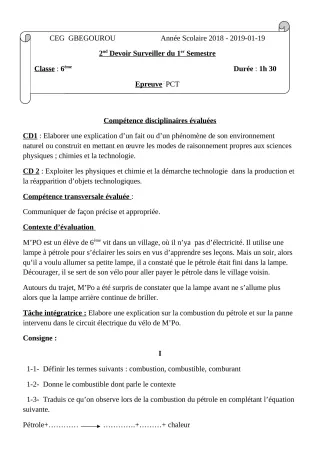 Première page de PCT 6e — 2e devoir surveillé, 1er semestre (2018-2019) · CEG Gbegourou