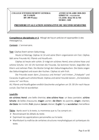 Première page de Allemand 4e ML, 3e ML, 2nde A2, 2nde B, 1ère A2, 1ère B, Tle A1, Tle A2, Tle B — 1re évaluation sommative, 2e semestre (2020-2021) · CEG Tankpè
