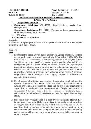 Première page de Anglais Tle A2, Tle B, Tle C, Tle D — 2e devoir surveillé, 1er semestre (2019-2020) · CEG Le Littoral