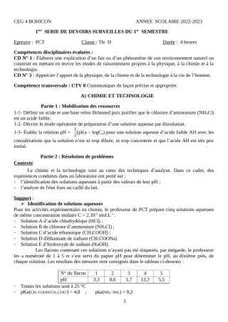 Première page de PCT 2nde D, 1ère D, Tle D — 1er devoir surveillé, 1er semestre (2022-2023) · CEG 4 Bohicon