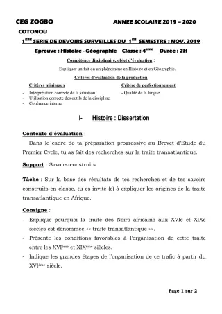 Première page de Histoire-Géographie 4e, 4e ML — 1er devoir surveillé, 1er semestre (2019-2020) · CEG ZOGBO