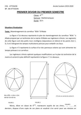 Première page de Mathématiques 4e, 4e ML — 1er devoir surveillé, 1er semestre (2019-2020) · CEG Attogon