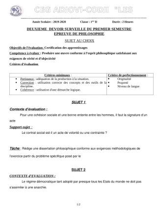 Première page de Philosophie 1ère D — 2e devoir surveillé, 1er semestre (2019-2020) · CEG ADJOVICODJI 'LES OLIVIERS'