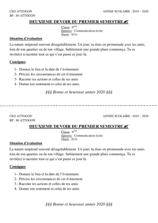 Première page de Français 6e — 2e devoir surveillé, 1er semestre (2019-2020) · CEG Attogon