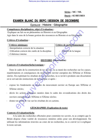 Première page de BEPC 2026 – Histoire-Géographie , Bepc blanc décembre 2025 (mouvement ouvrier européen, ressources minières du Bénin)