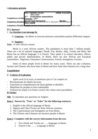 Première page de Anglais 5e — 1re évaluation sommative (2021-2022) · CEG2 ABOMEY - CALAVI (CEG ZOCA)
