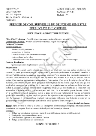 Première page de Philosophie 2nde A2, 2nde B — 1er devoir surveillé, 2e semestre (2020-2021) · CEG FIYEGNON