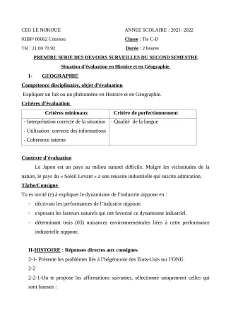 Première page de Histoire-Géographie Tle C, Tle D — Devoir surveillé, 2e semestre (2021-2022) · CEG LE NOKOUE
