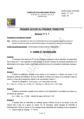 Première page de PCT 1ère C, 1ère D — Composition, 1er trimestre (2019-2020) · CPEG MARIA GRACIA
