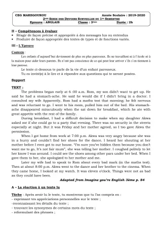 Première page de Anglais 3e, 3e ML — 2e devoir surveillé, 1er semestre (2019-2020) · CEG MAREGOUROU