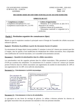 Première page de SVT 1ère C — 2e devoir surveillé, 2e semestre (2020-2021) · CEG Kouhounou-Vêdoko