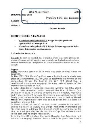 Première page de Anglais 2nde D — 1re évaluation sommative, 2e semestre (2023-2024) · CEG2 ABOMEY - CALAVI (CEG ZOCA)