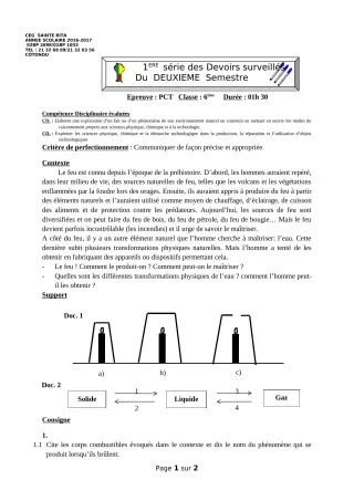 Première page de PCT 6e — 1er devoir surveillé, 2e semestre (2018-2019) · CEG Sainte Rita