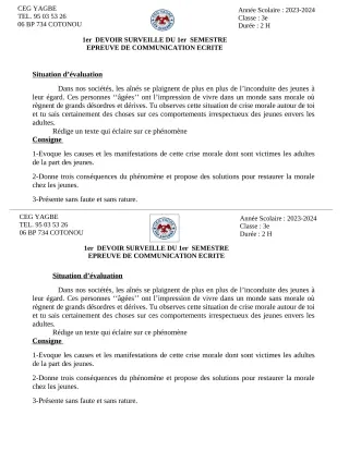 Première page de Français 3e — 1er devoir surveillé, 1er semestre (2023-2024) · CEG Yagbe