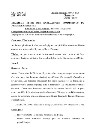 Première page de Histoire-Géographie 5e — 2e évaluation sommative, 1er semestre (2019-2020) · CEG Ganvié