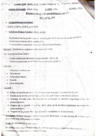 Première page de Devoir surveillé de SVT — 5e — CPEG SEGUIN SENGHOR (2019)