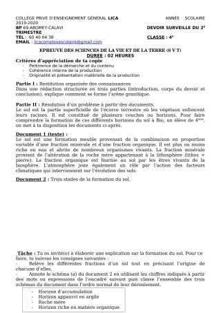 Première page de SVT 5e, 4e, 4e ML — Devoir surveillé, 1er trimestre (2019-2020) · CPEG LICA