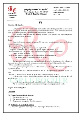 Première page de Français 6e, 5e, 4e, 3e, 2nde B, 2nde D, 1ère B, 1ère D, Tle B, Tle D — Devoir surveillé, 2e trimestre (2023-2024) · CPEG le Rocher