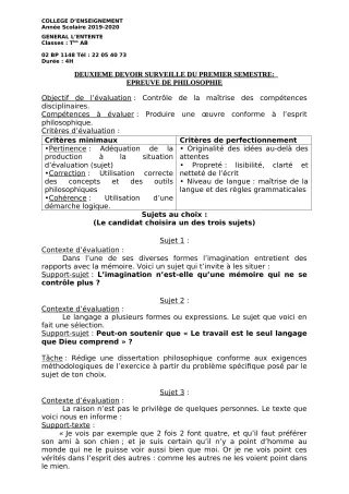Première page de Philosophie Tle A2, Tle B — 2e devoir surveillé, 1er semestre (2019-2020) · CEG L'Entente