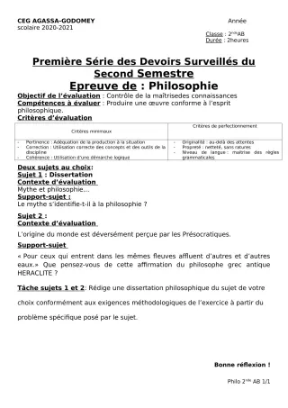 Première page de Philosophie 2nde A & B, 2nde C, 2nde D, 1ère A, 1ère B, 1ère C, 1ère D, Tle A1, Tle B, Tle C, Tle D — 1er devoir surveillé, 2e semestre (2020-2021) · CEG Agassa Godomey