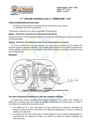 Première page de SVT 2nde A, 2nde B — 2e devoir surveillé, 1er trimestre (2019-2020) · CPEG LE PHARAON