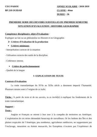 Première page de Histoire-Géographie 4e, 4e ML — 1er devoir surveillé, 1er semestre (2018-2019) · CEG PAHOU