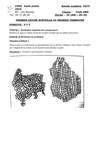 Première page de SVT 2nde A2, 2nde B, 2nde C, 2nde D — 1er devoir surveillé, 1er trimestre (2023-2024) · CPEG SAINT Justin