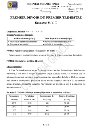 Première page de SVT 1ère C, 1ère D — 1er devoir surveillé, 1er trimestre (2019-2020) · CPEG MARIA GRACIA