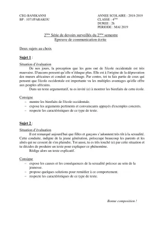 Première page de Français 4e, 4e ML — 2e devoir surveillé, 2e semestre (2018-2019) · CEG Banikanni
