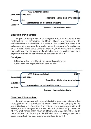 Première page de Français 4e — 1re évaluation sommative, 2e semestre (2023-2024) · CEG2 ABOMEY - CALAVI (CEG ZOCA)