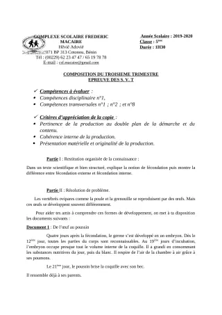 Première page de SVT 6e, 5e, 4e, 4e ML — Composition, 3e trimestre (2019-2020) · CPEG Frédéric Macaire