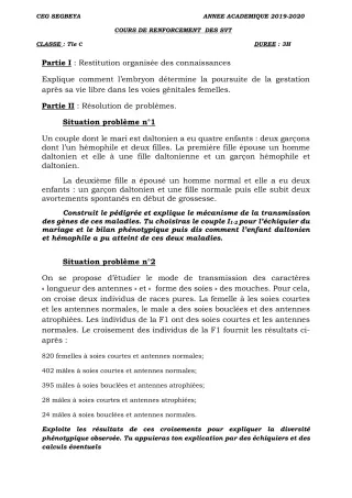 Première page de Devoir surveillé de SVT — Tle C — CEG SEGBEYA (2019)