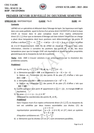 Première page de Mathématiques Tle D — 1er devoir surveillé, 2e semestre (2023-2024) · CEG Yagbe
