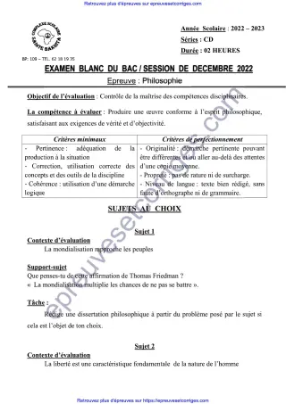 Première page de Bac 2026 – Philosophie Séries CD, Bac blanc décembre 2025 (mondialisation, liberté et commentaire philosophique)