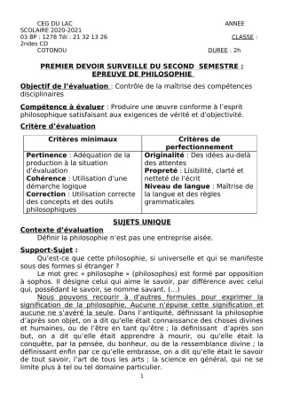 Première page de Philosophie 2nde C, 2nde D — 1er devoir surveillé, 2e semestre (2020-2021) · CEG du Lac