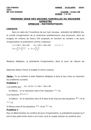Première page de Mathématiques 2nde A & B, 2nde A2, 2nde B — 1er devoir surveillé, 2e semestre (2020-2021) · CEG PAHOU