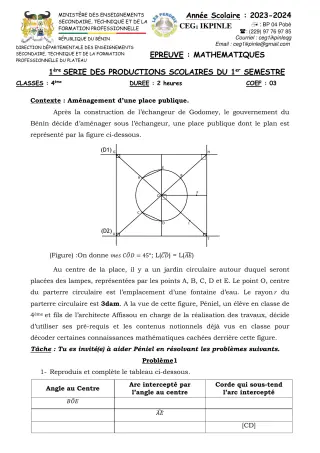 Première page de Mathématiques 4e — 1re production scolaire, 1er semestre (2023-2024) · CEG1 Ikpinlè