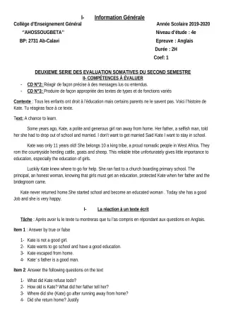 Première page de Anglais 4e, 4e ML — 2e évaluation sommative, 2e semestre (2019-2020) · CEG Ahossougbéta