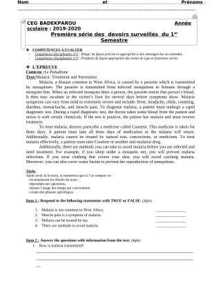 Première page de Anglais 6e, 5e, 4e, 4e ML — 1er devoir surveillé, 1er semestre (2019-2020) · CEG BADEKPAROU