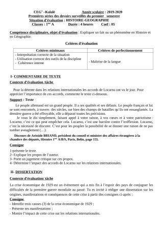Première page de Histoire-Géographie 1ère A2 — Devoir surveillé, 1er semestre (2019-2020) · CEG1 Kalalé