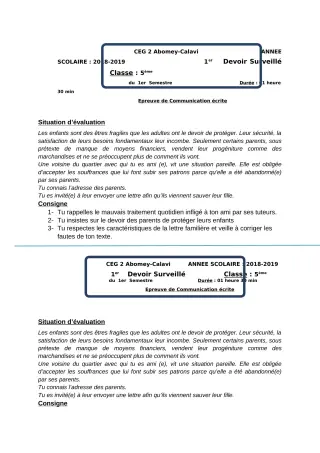 Première page de Français 5e — Devoir surveillé, 1er semestre (2018-2019) · CEG2 ABOMEY - CALAVI (CEG ZOCA)