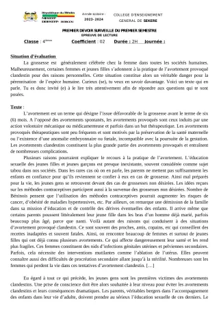 Première page de Français 4e — 1er devoir surveillé, 1er semestre (2023-2024) · CEG SEKERE