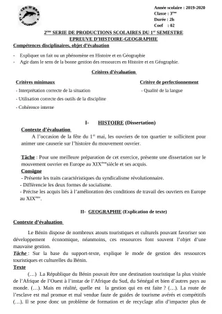Première page de Histoire-Géographie 6e, 5e, 4e, 4e ML, 4e ML&MC, 3e, 3e ML — 2e production scolaire, 1er semestre (2019-2020) · CEG II EKPE