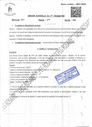 Première page de PCT 3e, 3e ML — Devoir surveillé, 1er trimestre (2021-2022) · CPEG ROSAIRE