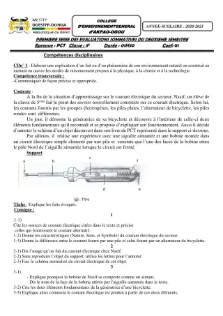 Première page de PCT 5e, 4e, 3e — 1re évaluation sommative, 2e semestre (2020-2021) · CEG Akpao-Ogou